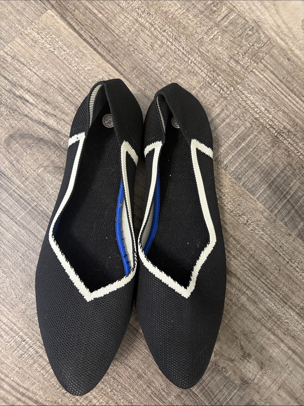 Black Pointed Knit Ballet Flats with White Trim